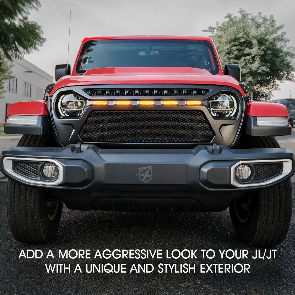 Matte Black Mesh Grille 5 LED Amber Lights for 2018-2023 Jeep Wrangler JL JLU Grille