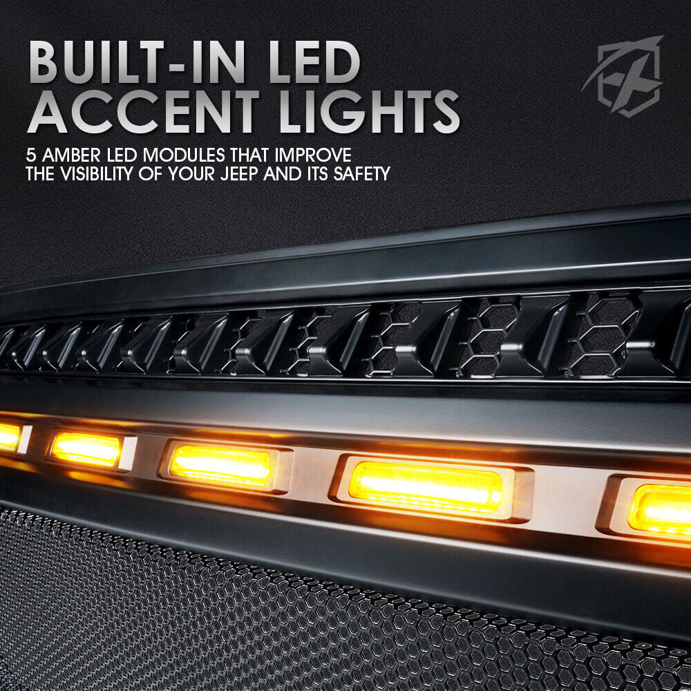 Matte Black Mesh Grille 5 LED Amber Lights for 2018-2023 Jeep Wrangler JL JLU Grille