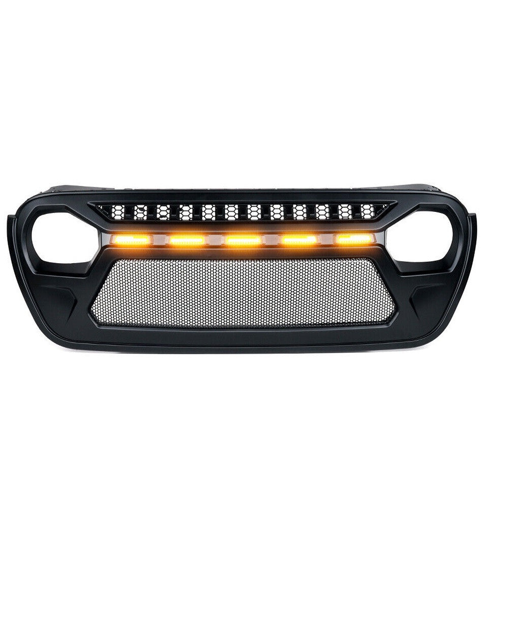 Matte Black Mesh Grille 5 LED Amber Lights for 2018-2023 Jeep Wrangler JL JLU Grille