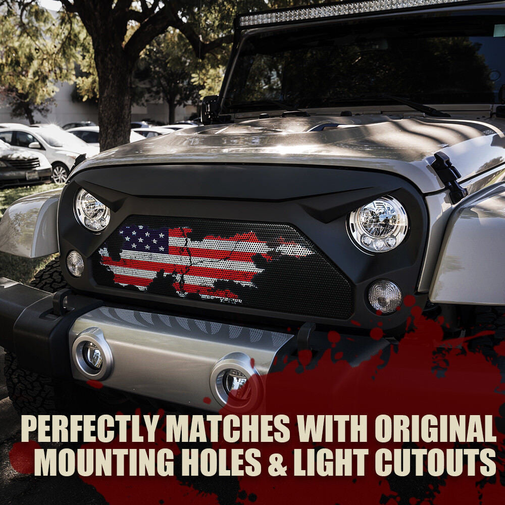 Matte Black Grille US Flag Steel Mesh for Jeep Wrangler JK JKU 2007-2018 Grille