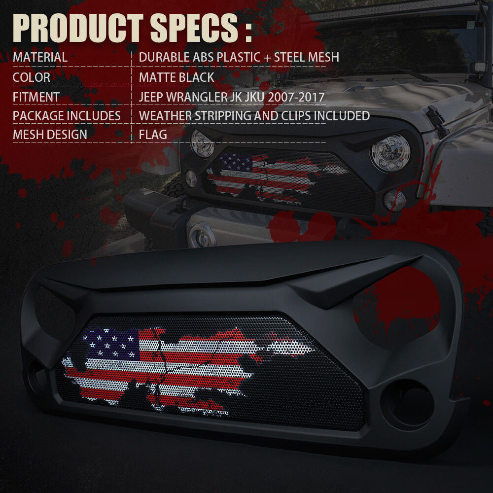 Matte Black Grille US Flag Steel Mesh for Jeep Wrangler JK JKU 2007-2018 Grille