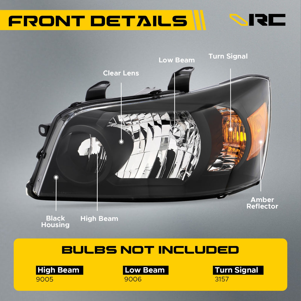 Headlight bulb size diagram for 2001-2007 Toyota Highlander Black Halogen headlights