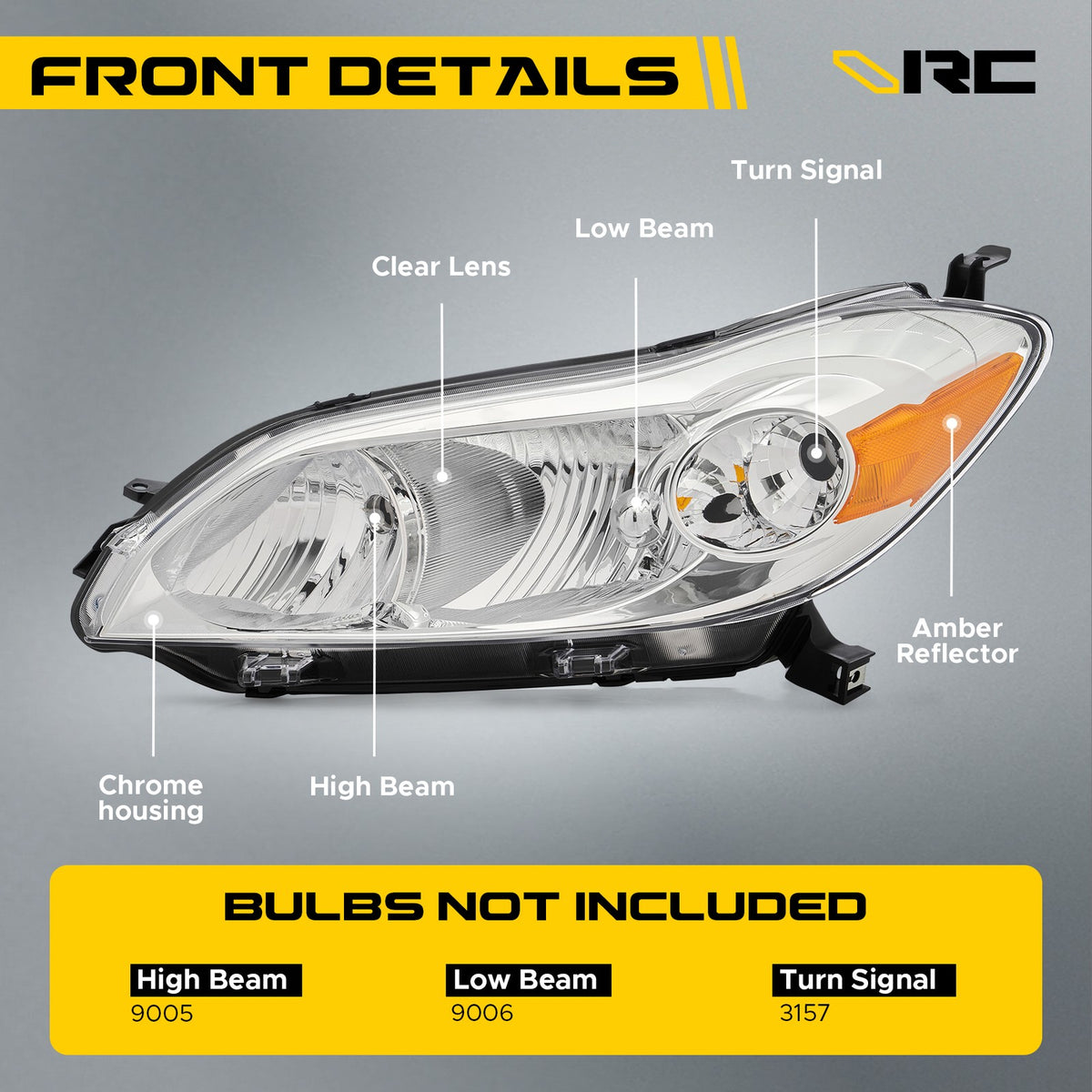Headlight bulb size diagram for 2009-2014 Toyota Matrix Chrome Halogen headlights