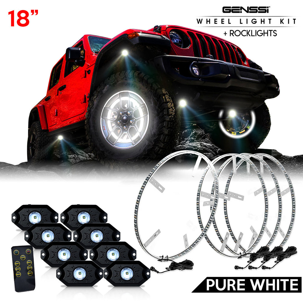 LED Wheel Lights Kit White with Turn Signal and 8 White Rock Lights Lighting