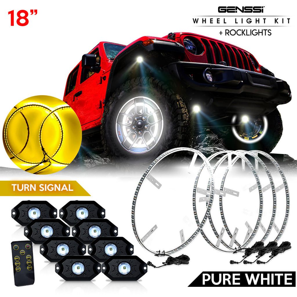 LED Wheel Lights Kit White with Turn Signal and 8 White Rock Lights Lighting
