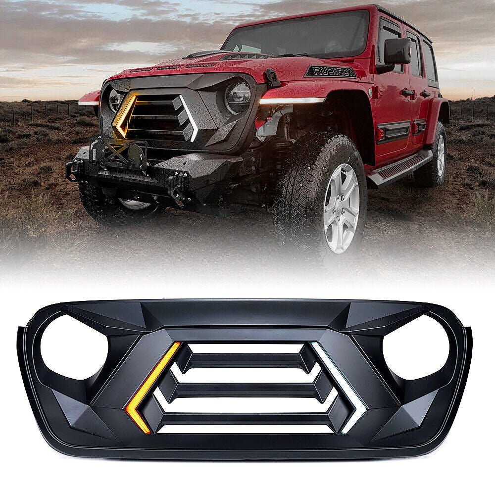 Matte Black Element Grille with LED DRL Turn Signal Lights For 2018-2023 Jeep Wrangler JL JT JLU Grille