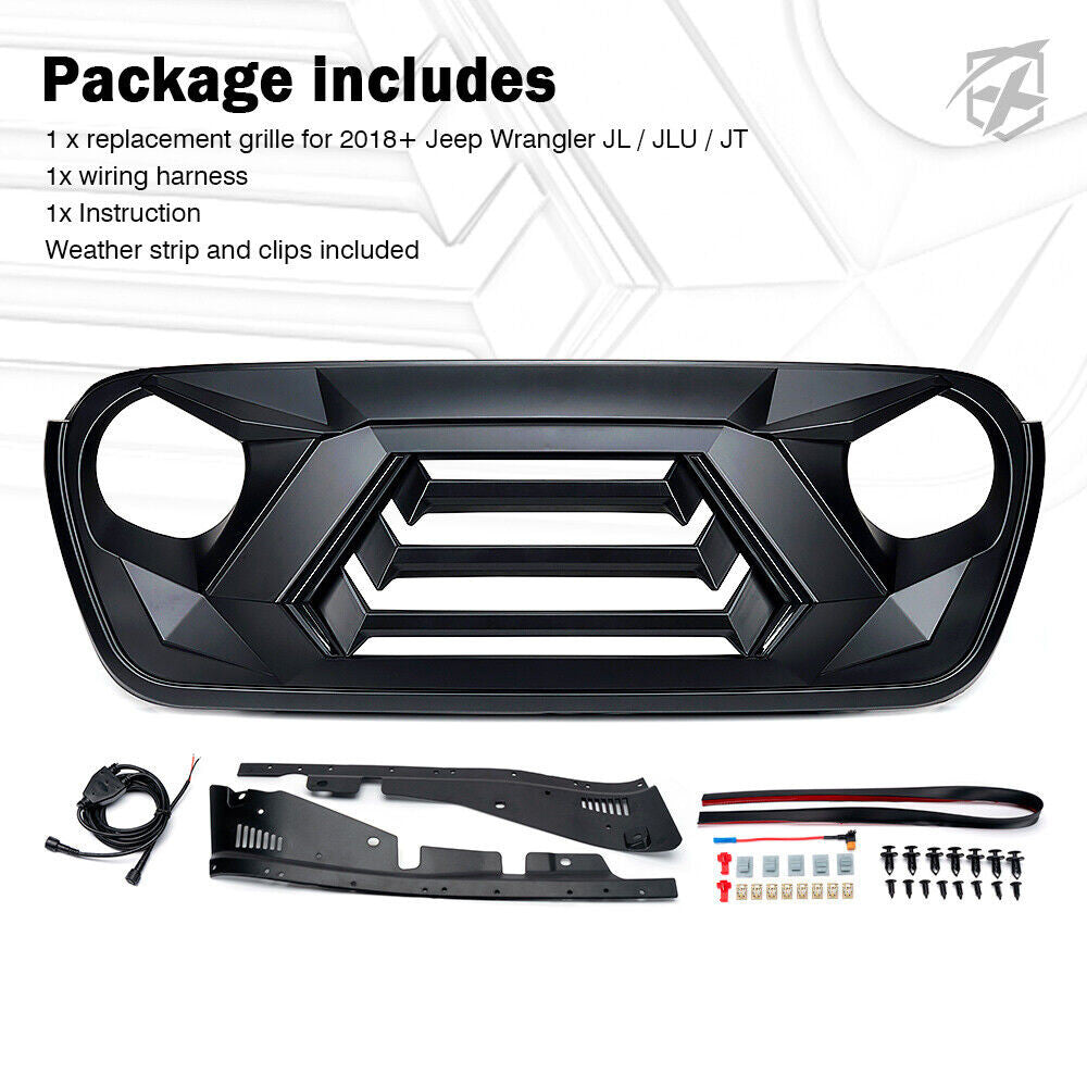 Matte Black Element Grille with LED DRL Turn Signal Lights For 2018-2023 Jeep Wrangler JL JT JLU Grille